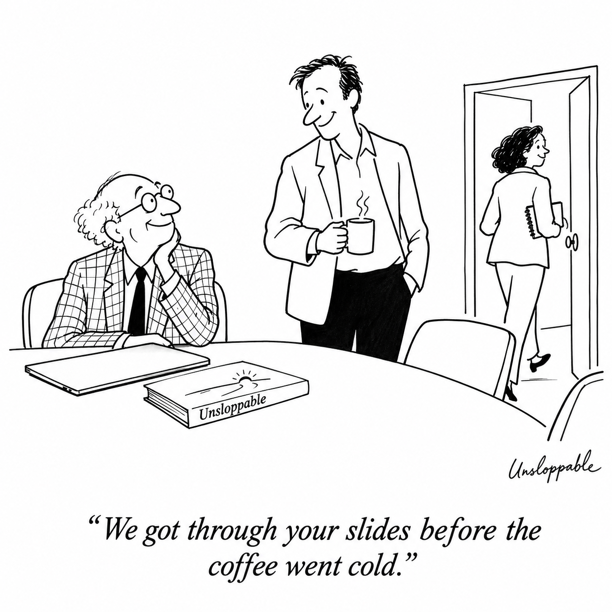 After an office meeting, a colleague holds a still-steaming coffee beside a presenter and his copy of Unsloppable. Caption: We got through your slides before the coffee went cold.