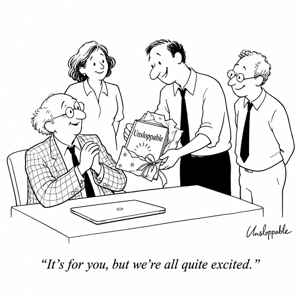 Colleagues give a pleasantly surprised coworker a partly gift-wrapped copy of Unsloppable. Caption: It’s for you, but we’re all quite excited.